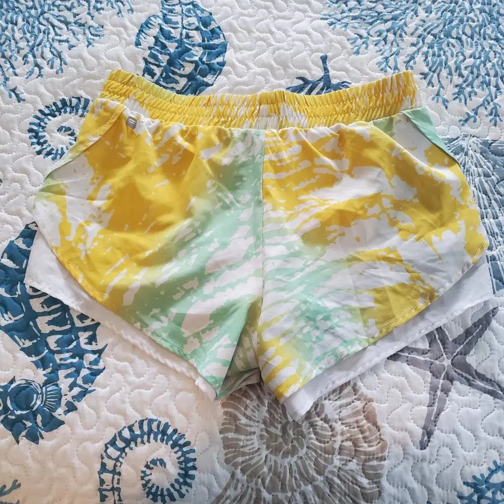 🔥 Fabletics Latrice Short Yellow Green Tie Dye Print Shorts Medium Athletic - Picture 6 of 16
